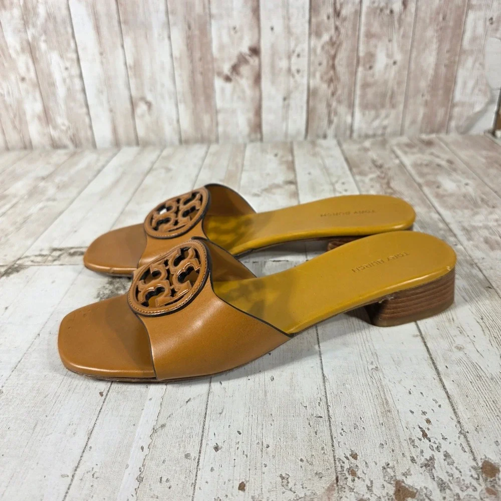 Tory Burch Miller 35mm Tan Leather Block Heel Slide Sandals 7.5M Square Toe